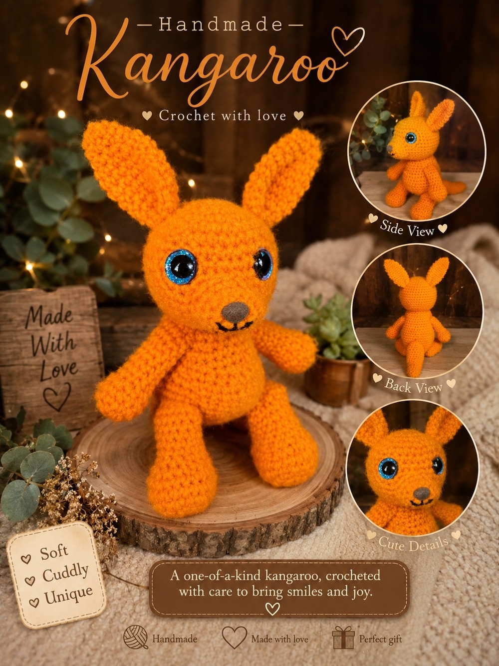 Handmade Orange Crochet Kangaroo Plush Toy - Soft Cuddly Stuffed Animal